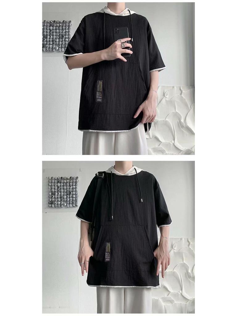 Men's Hooded Ice Silk Contrast Color Two-Piece Short Sleeve T-Shirt, Hong Kong Style, Loose Summer Trend.