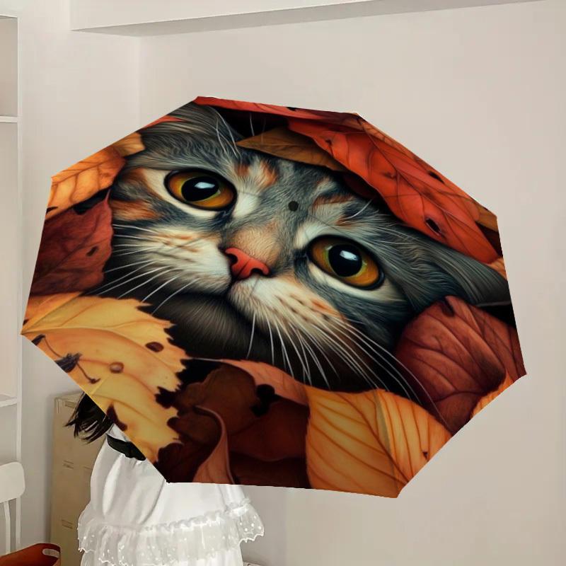 1pc Autumn Leaves Cat Print Automatic Folding Umbrella - Compact 8-Rib Design,Perfect Gift for Friends & Family Yy250926017