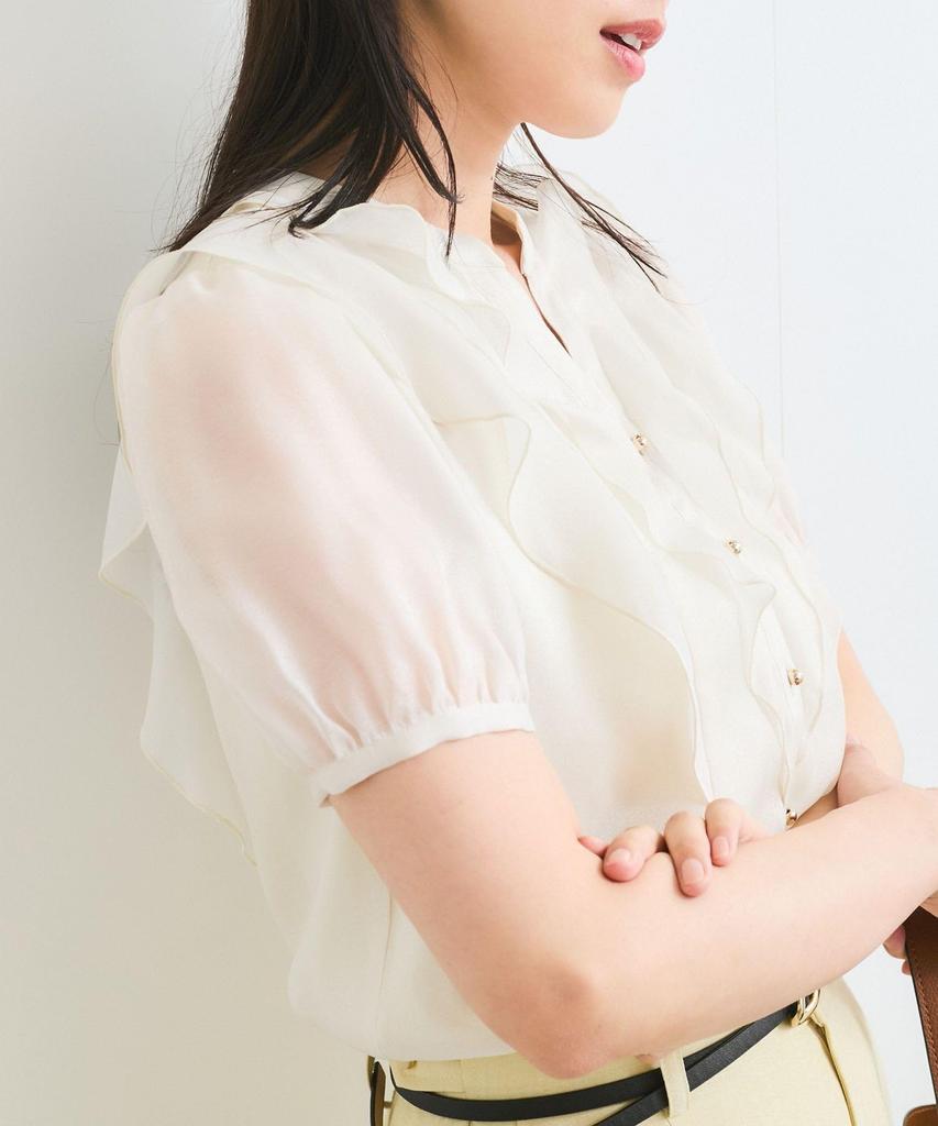 Blusa Transparente con Volantes de Manga Corta para Mujer Natural [BIS] [Lavable], (dieciséis)