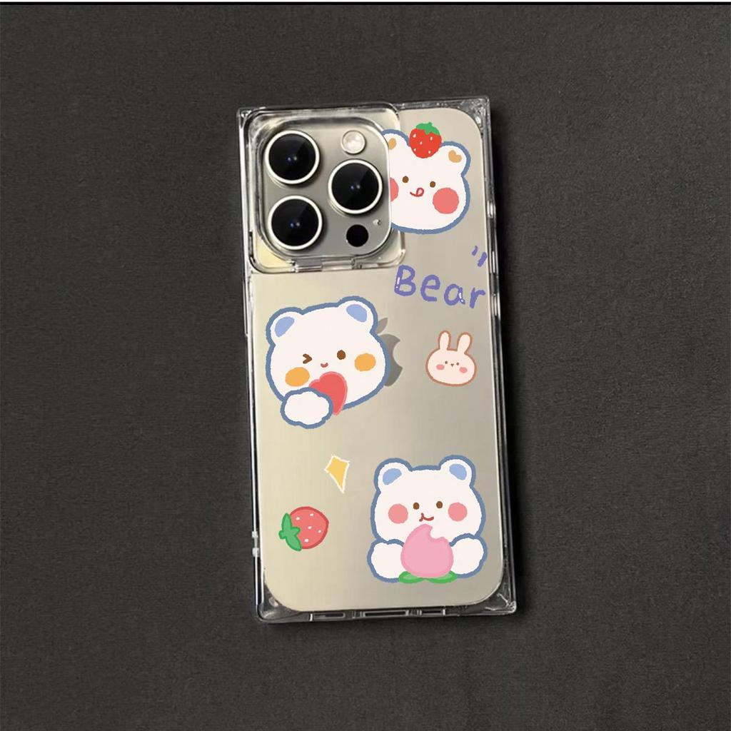 Square Back Tube Protection Clear Case For iPhone 11 14 Pro Max 13 12 16 ProMax 15 Plus Anti-Oxygen,Strawberry Bear Pattern Casing