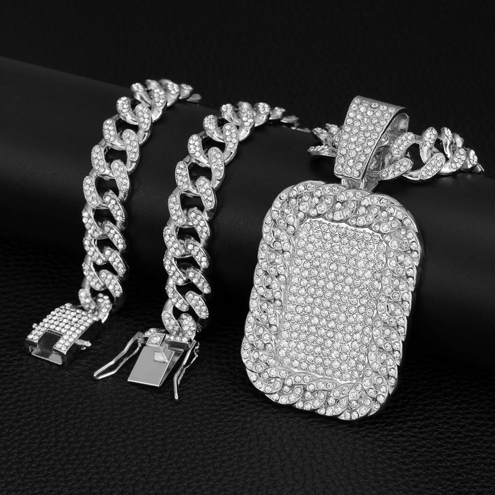 Hip Hop Luxury Big Square Pendant Necklace Set Men's Cuban Chain Iced Out Bling Rock Party Necklaces Birthday Gift Charm Jewelry