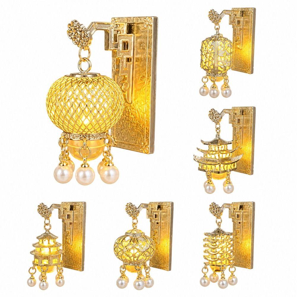 Light Up Lantern Fridge Magnet New Chinese Style Pearl Embellishment Pavilion Fridge Magnet Palace Style Tassel Pendant