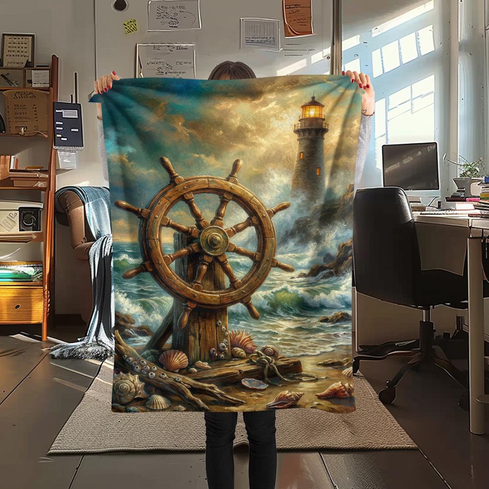 1PC Ships and seashells Print FlAannel Blanket, High quality Comfortable for All Seasons, Home Decor, Warmth and Comfort