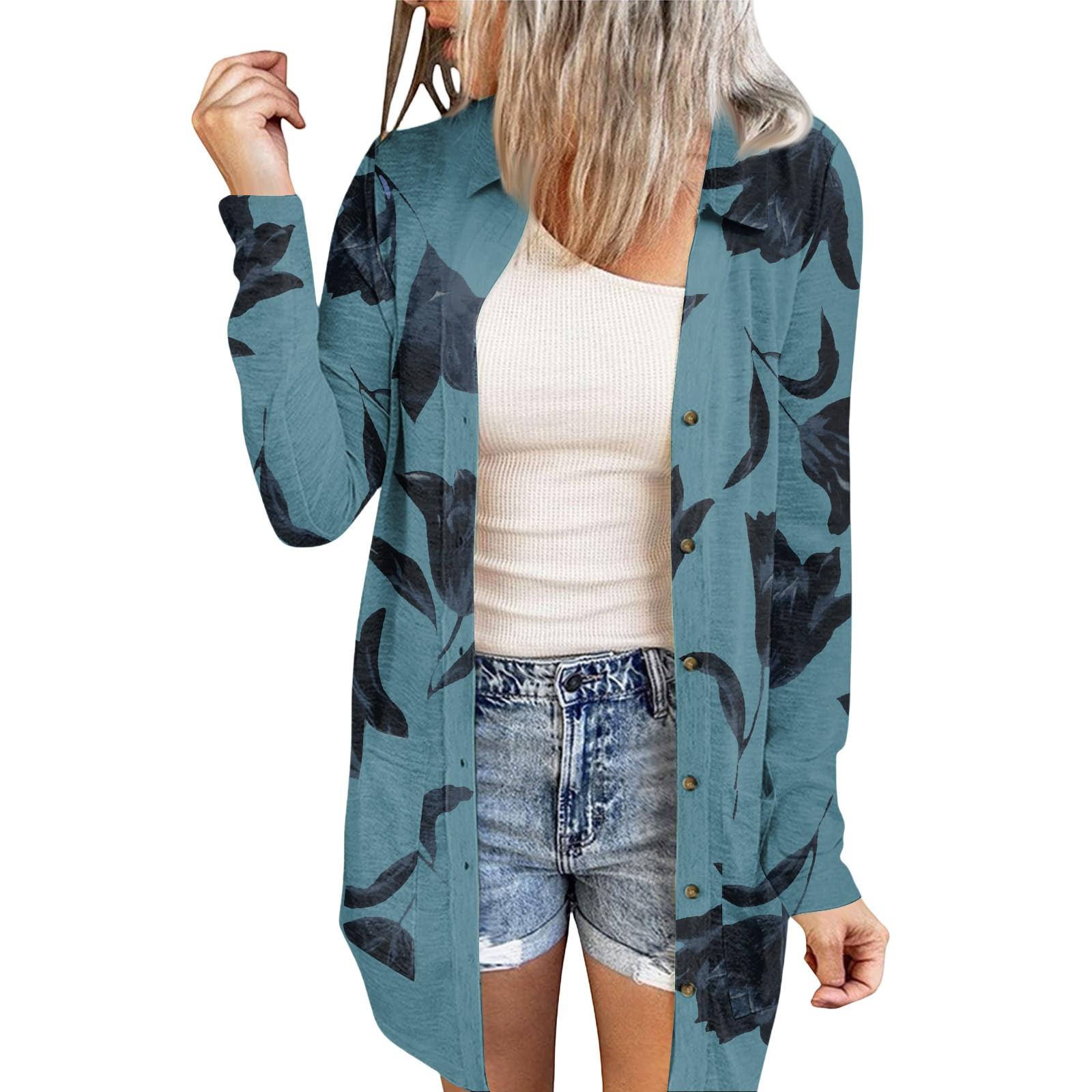 

Женский повседневный модный кардиган-жакет средней длины с длинными рукавами и цветочным принтом S циан