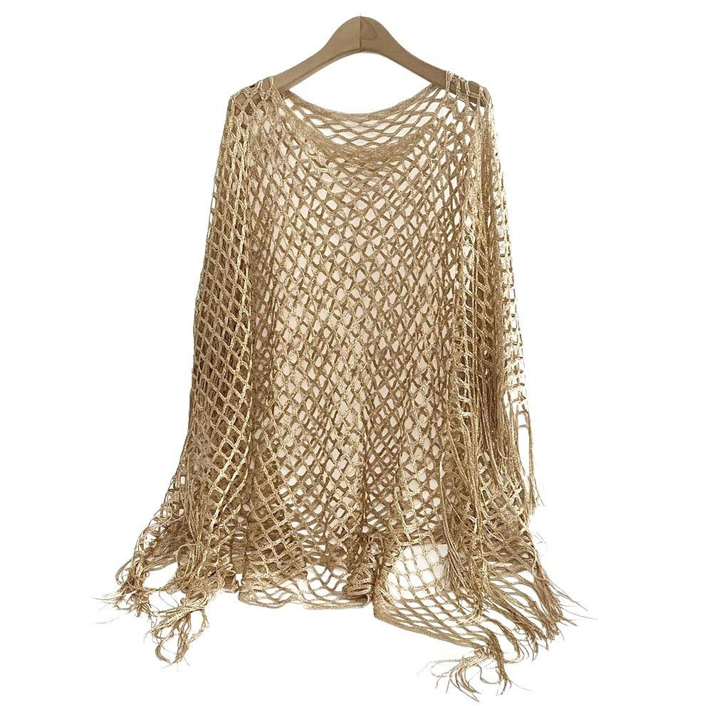 Knitted Shawl Jacket Gold Silver Wire Mesh Poncho Simple Design Cover Up  Vacation