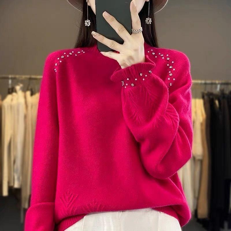 Women's Turtleneck Sweater Autumn Winter Beaded Loose Sweater Solid Color Pullover Knit Top