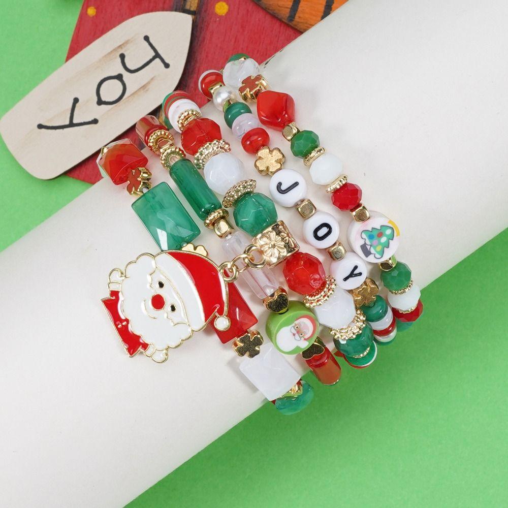 5Pcs Snowman Christmas Bracelet Multi-Layer Stacking Rope Chain Bangle Beaded Bracelet  Gifts
