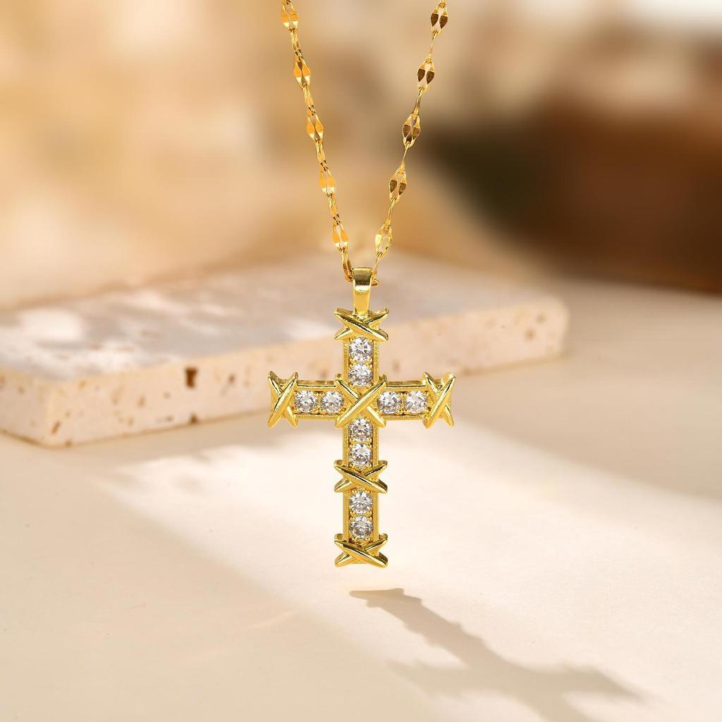 Cross Zircon Pendant Necklace for Women, 18k Gold Plated Clavicle Chain Necklace Religion Jewelry