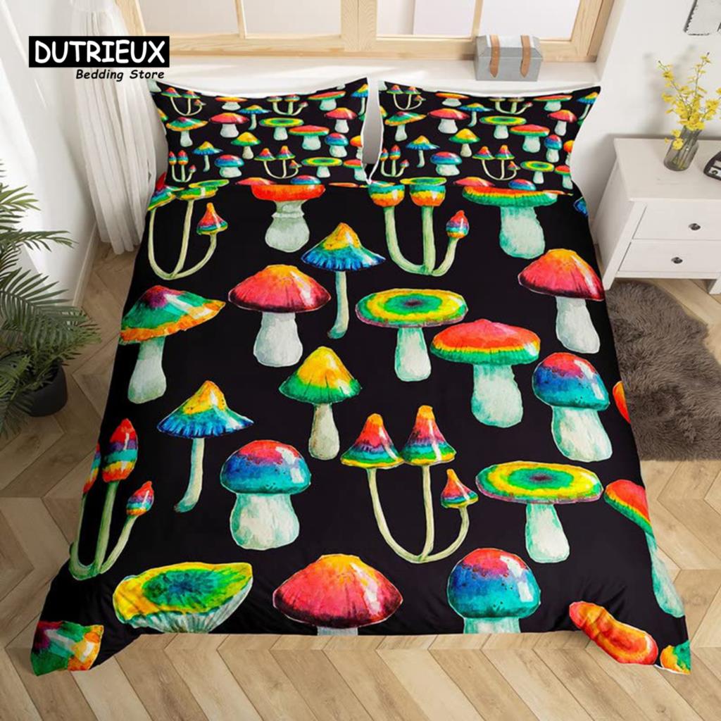 Cartoon Mushrooms Duvet Cover Kawaii Fungus Bedding Set Wild Mushroom Stuff Comforter Cover Twin King for Boys Girls Room Decor