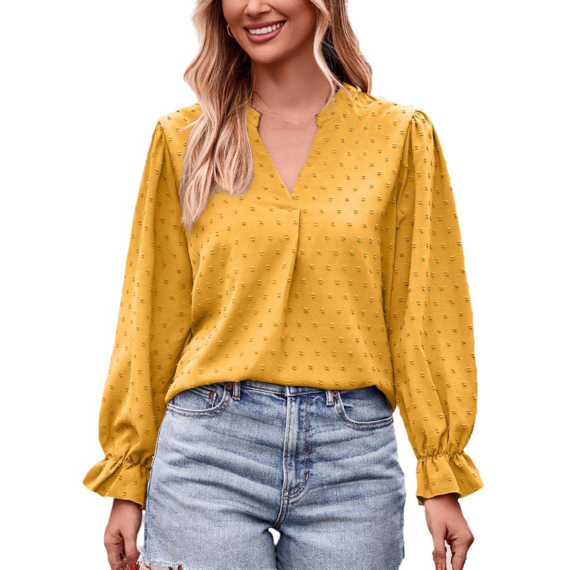 

Женская модная повседневная однотонная футболка с V-образным вырезом, свободный топ с длинными рукавами S жёлтый