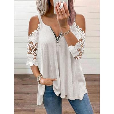 Off Shoulder Women Lace Blouse Summer Hollow Out Women Sexy Plus Size Lace Shirt Half Sleeve Zipper Casual Elegant V Neck Loose Sling T Shirt 20202