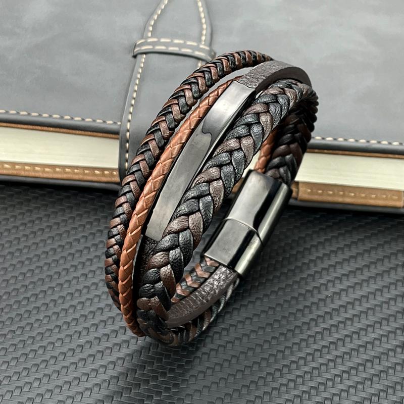 Fashion Charm Brown Men Bracelet Multilayer Leather Bracelet Punk Jewelry Stainless Steel Magnetic Clasp Bangles Boho Bracelet