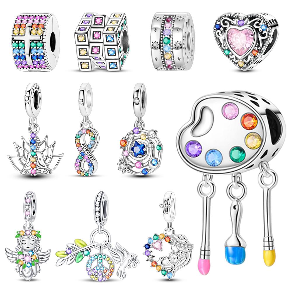 Sparkling Copper Colorful Zircon Fixed Clip Beads & Whirlpool Dangle Charm Fit Bracelet & Necklace Exquisite Gifts