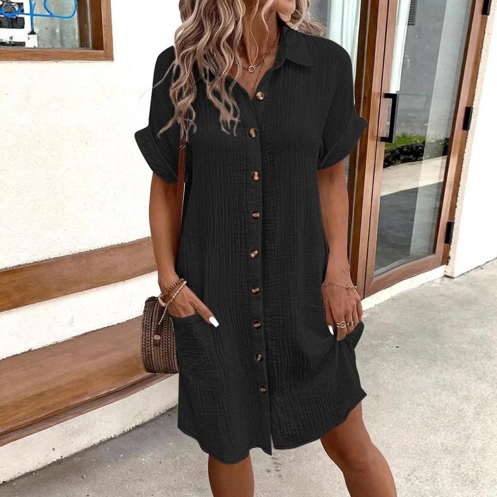 Casual solid color single-breasted medium and long short-sleeved loose casual dress women's clothing