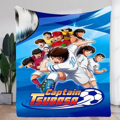 Dynamiczny Koc z Anime Piłkarskim Kapitan Tsubasa - Żywy Niebiesko-Biały Miękki Koc z Ikonicznymi Postaciami w Akcji P