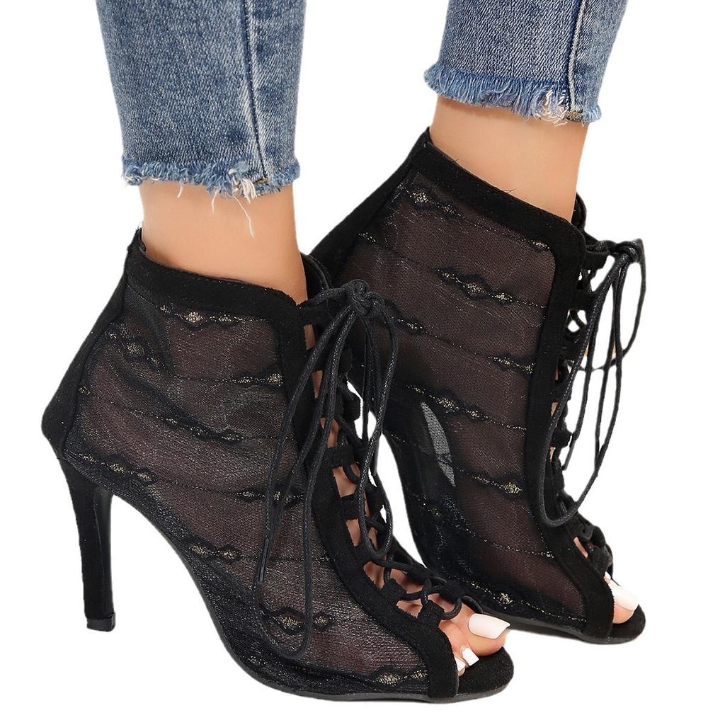 Europäische und amerikanische Sommer Mesh Spitze Stickerei Mode High Heel Coole Stiefel Fischmaul Kreuzriemen Römersandalen Außenhandel Coole Stiefel