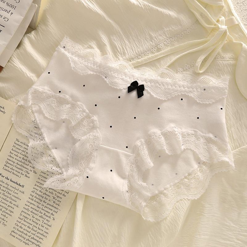 Female Spring and Summer Retro Pure Color Polka Dot Bow Lace Lace Cotton Crotch Triangle Briefs