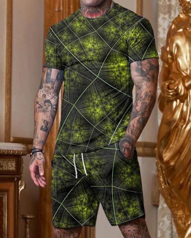 Men's Casual 2pcs Set, Coconut Palm Print T-shirt + Active Shorts Matching Set For Fitness