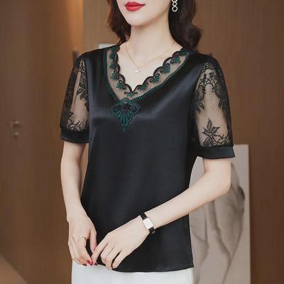 Camicia da donna grande elastica in raso con pizzo e chiffon – Manica corta, top moda primavera 2023