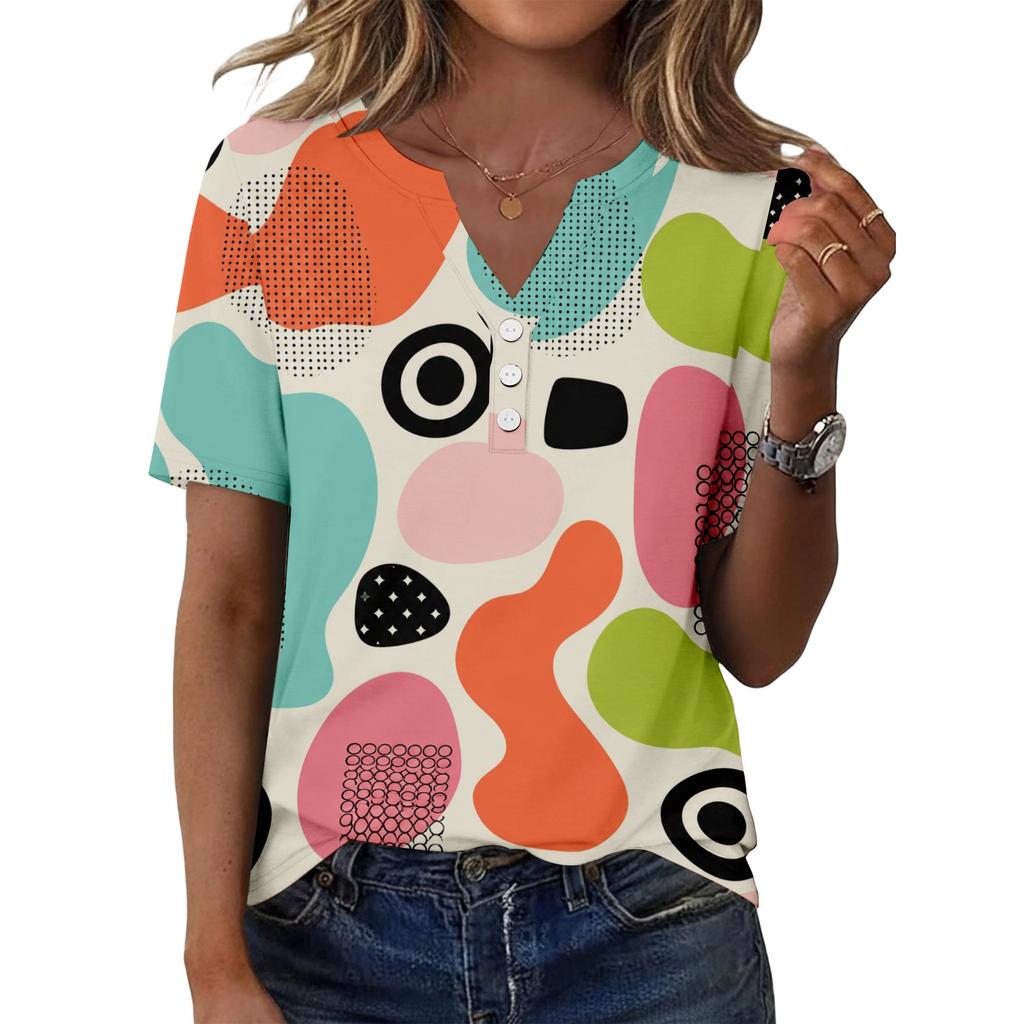 Women's Casual Floral Print V-Neck Short Sleeve T-Shirt Top with Decorative Buttons for Everyday Wear