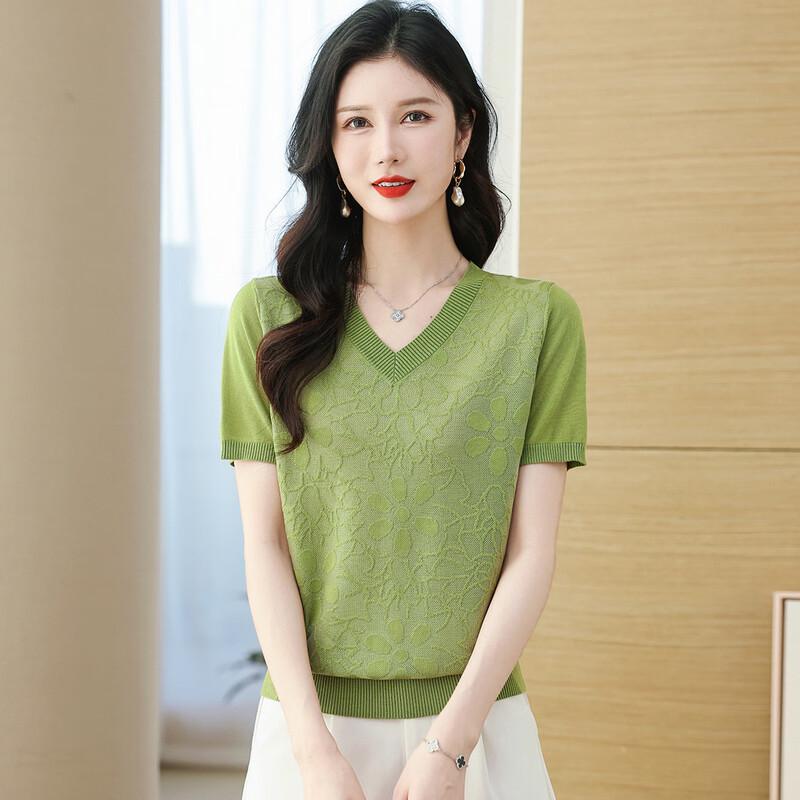 SNOWFLYING Women's V-neck Jacquard Knit Short Sleeve T-shirt