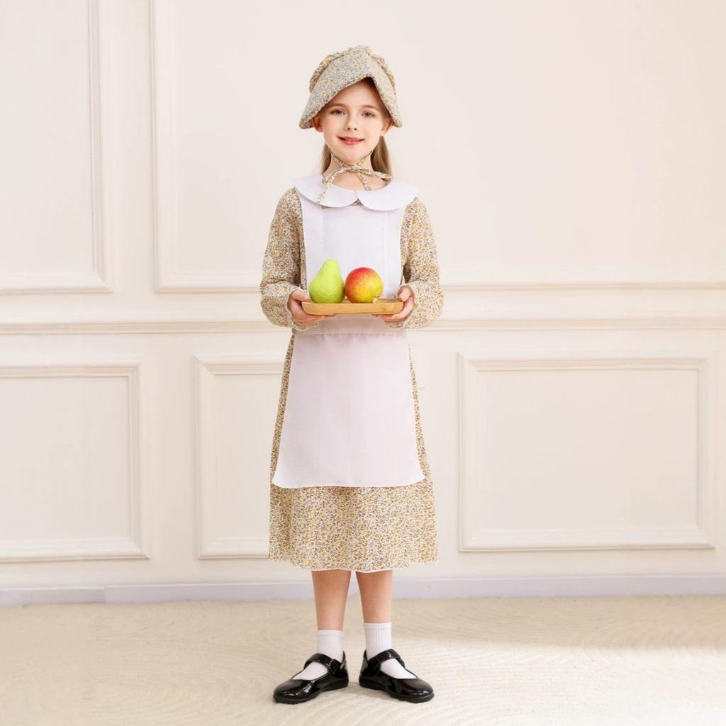Halloween European pastoral maid cosplay yellow floral dress prairie colonial little girl show costume