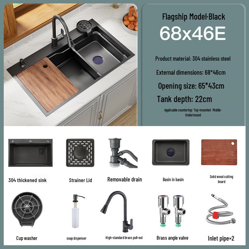 Black Nano 304 Stainless Steel Kitchen Sink: Large Single Bowl Vegetable Washing Basin