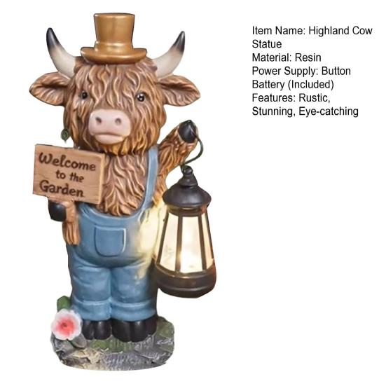 Garden Highland Cow Statue with Battery Powered Lantern, Small Highland Cow Figurine with Welcome Sign, Outdoor Resin Sculpture for Lawn, Patio, Porch
