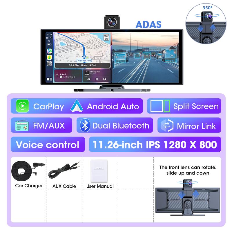 

11.26 inch ADAS Car DVR 4K Dash cam Wireless Carplay Android Auto Bluetooth Dashboard Video Recorder Siri Voice Control FM AUX Single Lens