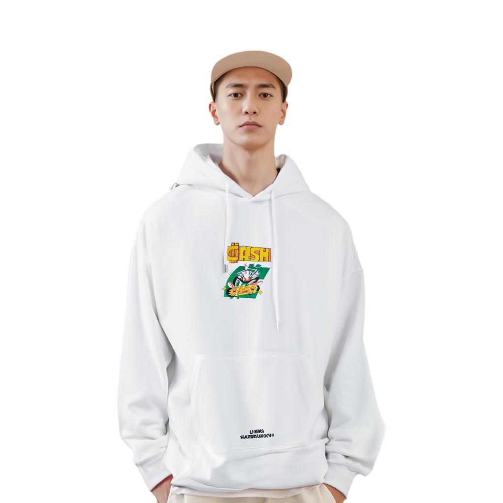 Li Ning X Pablo Ientile Cartoon Print Embroidered Pullover Hoodie Men Hoodies Standard-White AWDT161-4