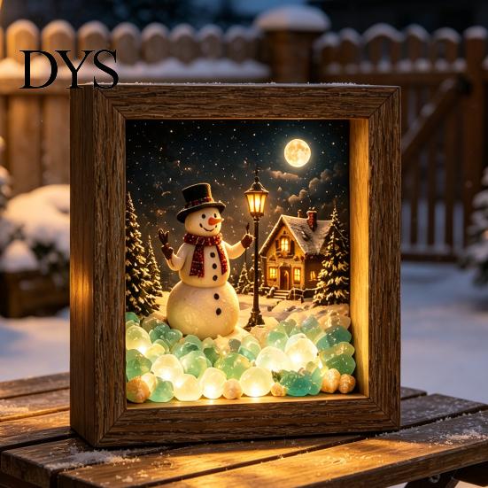 3D Winter Miniature Christmas Snowy Night Light Picture Frame, Vintage Wooden Frame Mini Cabin Ornament Landscape Lamp, Desktop Atmosphere Decor