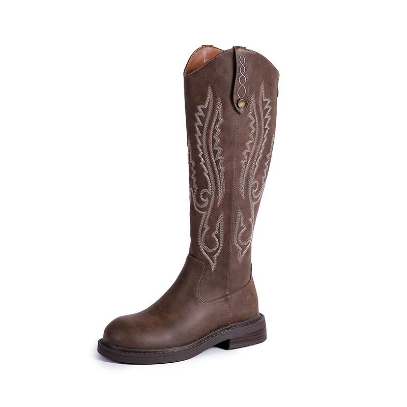Embroidery V-mouth~ Western Cowboy Boots Women's Autumn and Winter New Rear Zipper Low Heel High Boots Retro Knight Boots