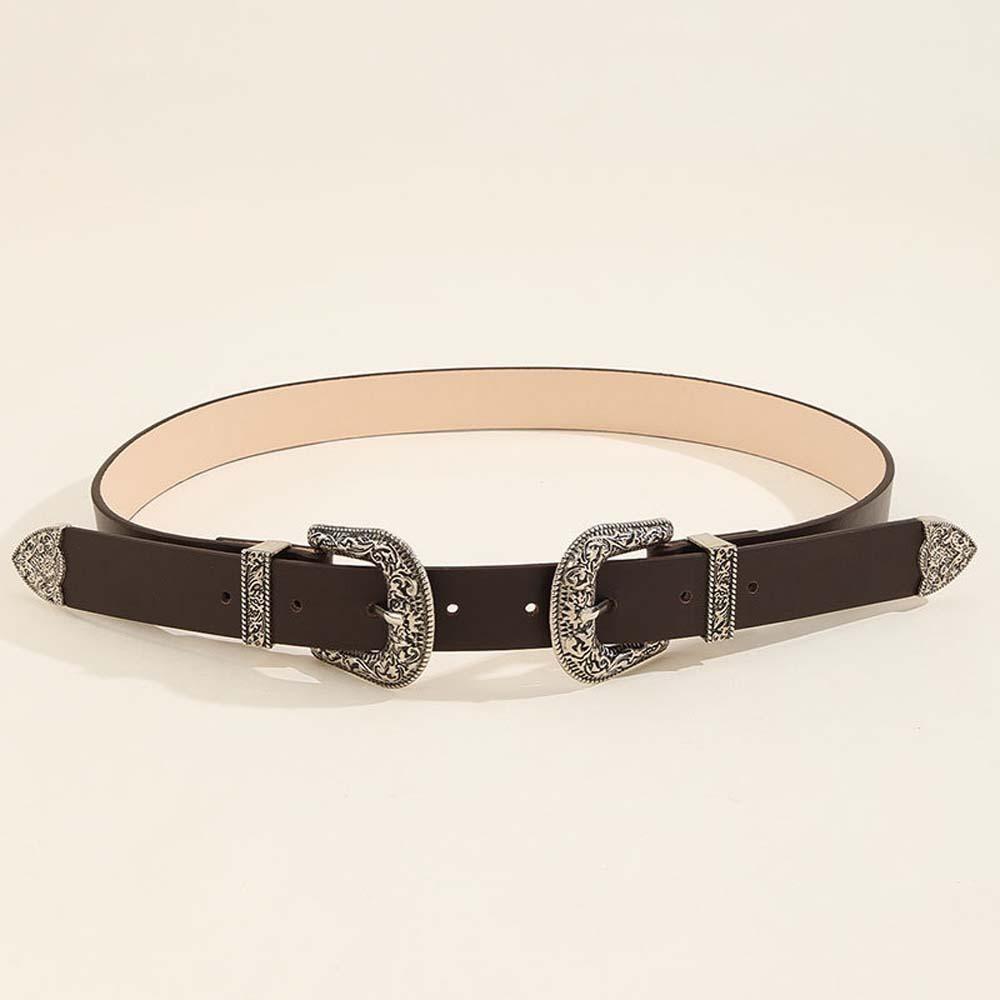 Cool Carved Buckle Belt Wide PU Vintage Waistband Fashion Double Buckle Waist Belt Festival