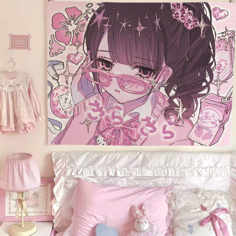 Cute Pink Anime Tapestry Living Room Bedroom Esports Room Wall Hanging Macaron Harajuku Style Home Decoration