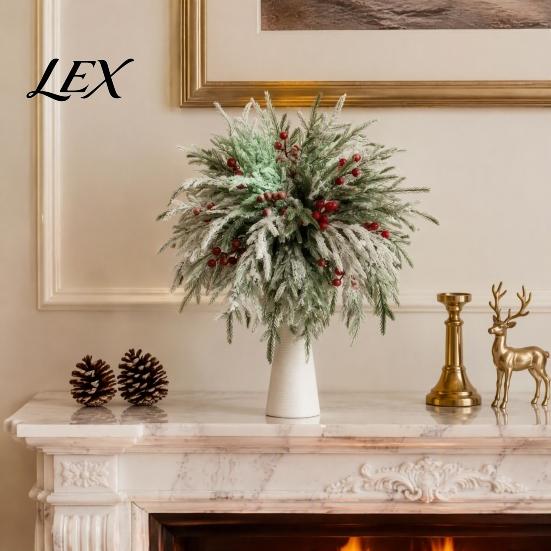 Artificial Flower Arrangements for Indoor 20Pcs Christmas Norfolk Pine Picks, Flocked Snow Branches with Tree Ornaments Atmosphere Red Berries,