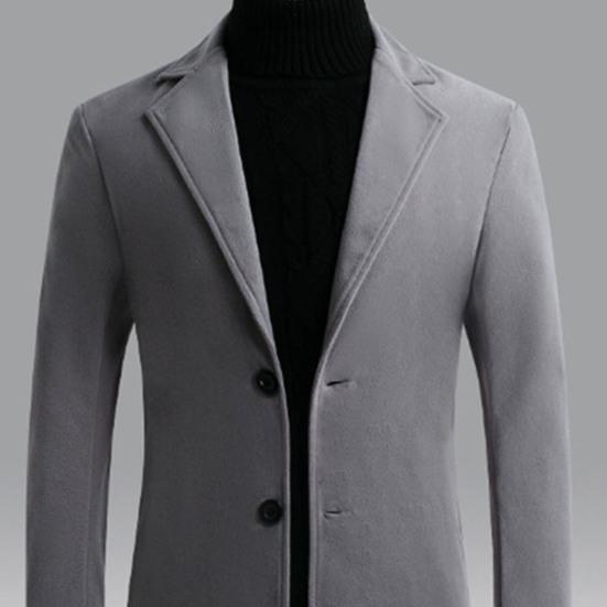 Men Fall Winter Trench Coat Thick Long Sleeve Turn-down Collar Slim Fit Windproof Solid Color Single-breasted Mid Length Buttons Men Formal Jacket
