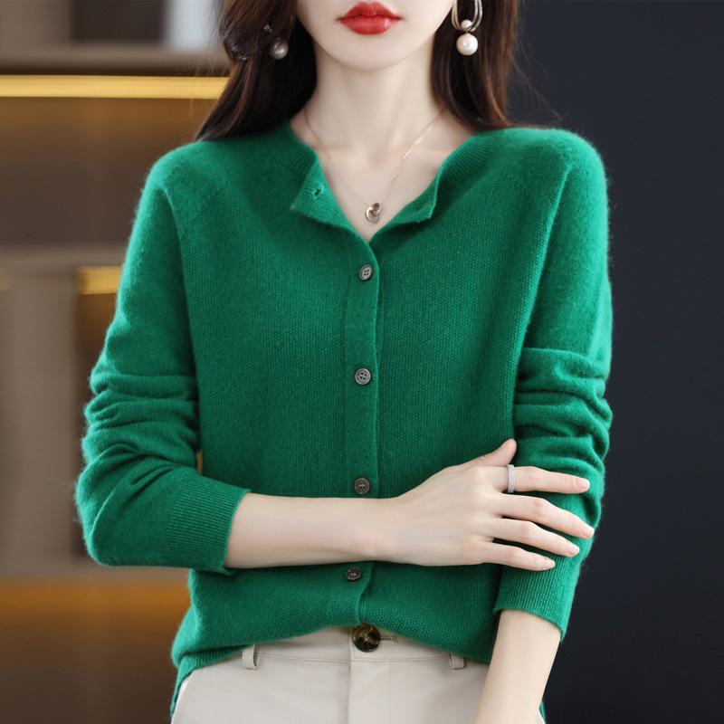Women's Pure Wool Loose Knit Cardigan - Autumn Solid Color Sweater Top