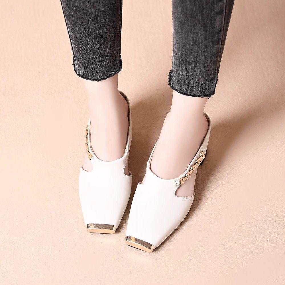 Metal Head Anti-kick Outer Wear Slippers Women's Fashion Versatile Chain Square Head One Pedal Lazy Women's Sandals