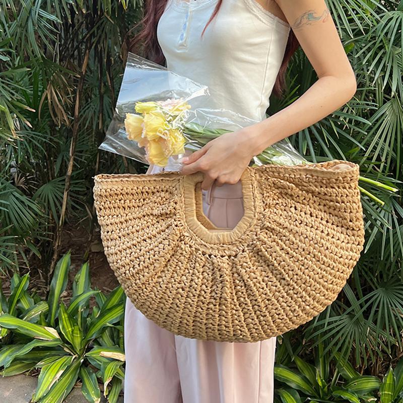 Woven Straw Bag Moon Large Capacity Purse and Handbag For Women Beach Basket Bags Fashion Travel Shoulder Shopper Totes