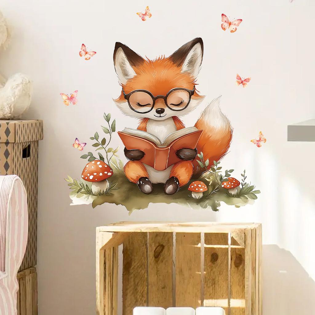 1PCS Cartoon Fox Reading Children's Room Kindergarten Wall Beautification Wall Stickers Self-adhesive PVC Material
