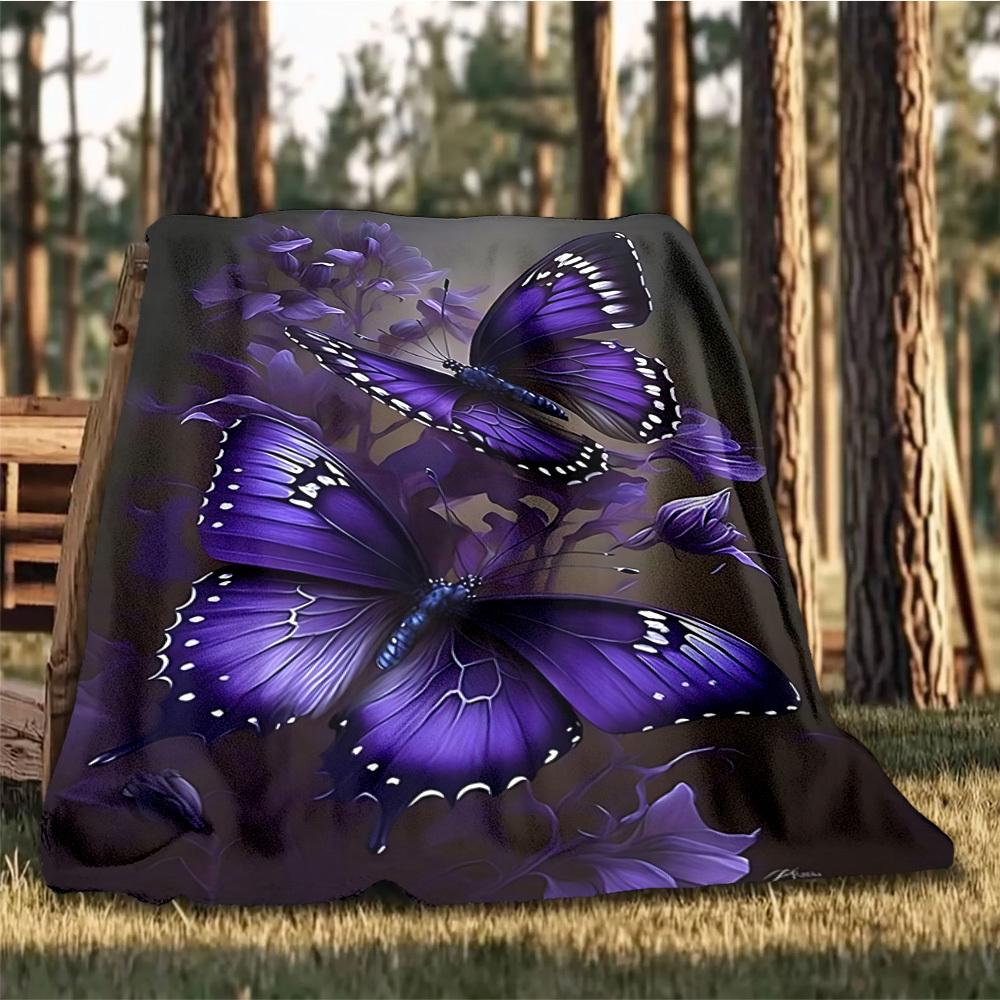 1pc Purple Butterfly Print Outdoor Flannel Blanket Soft All Season Polyester Throw , Perfect for Picnics & Travel , Picnic Accessory