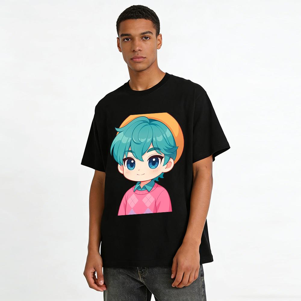 Cute Blue-haired Q-version Boy Print Top Casual Loose Pullover Versatile Knitwear For Kids Boys Girls Pure Cotton T-shirt