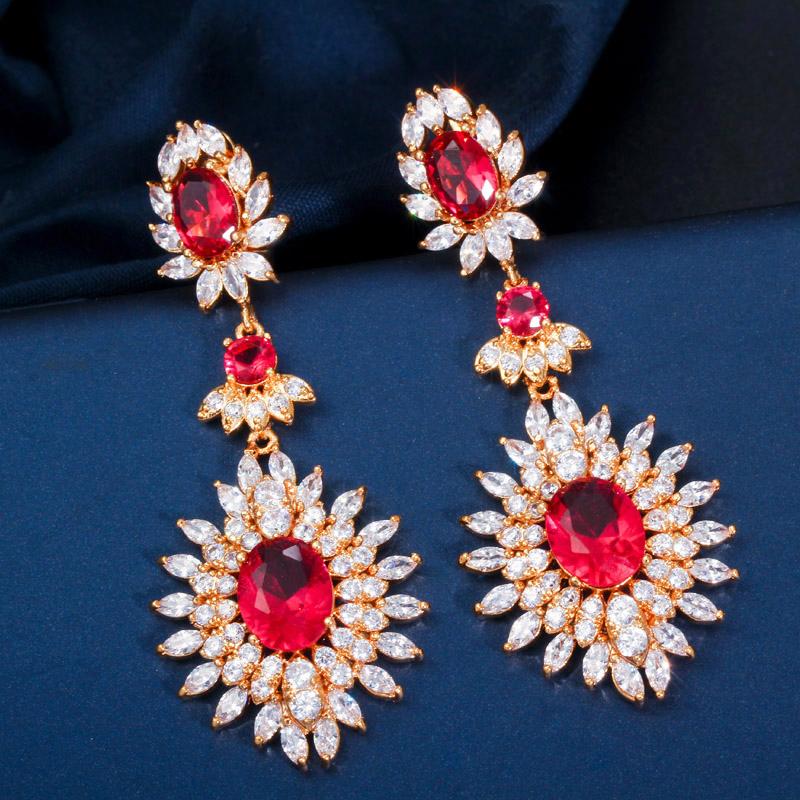 Indian Red Zircon Vintage Bridal Long Wedding Earrings Jewelry