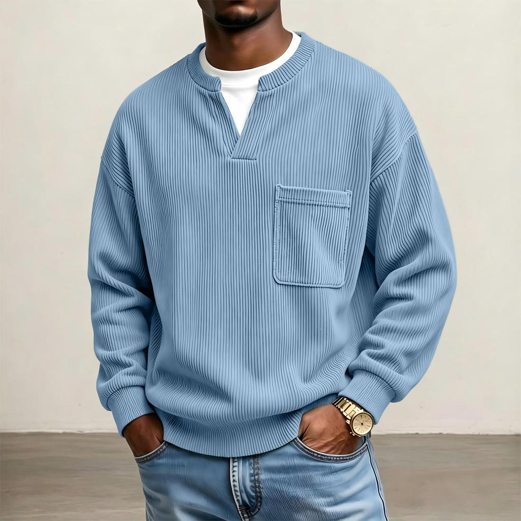Sweatshirt en velours côtelé à col en V avec poche pour homme, pour un style décontracté de tous les jours