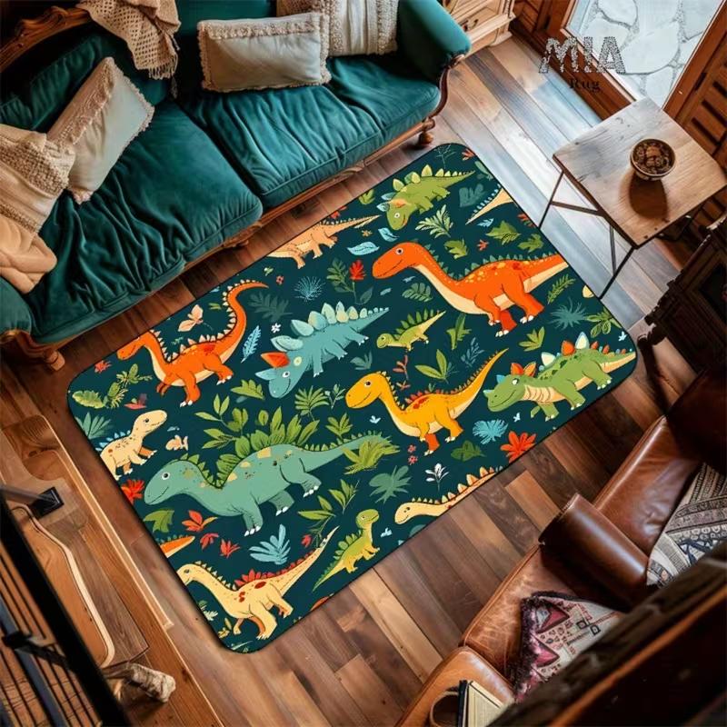 Süßer Cartoon-Dinosaurier und Dschungeltier-Print Rutschfester Teppich Weicher Bequemer Spielteppich für Schlafzimmer Spielzimmer