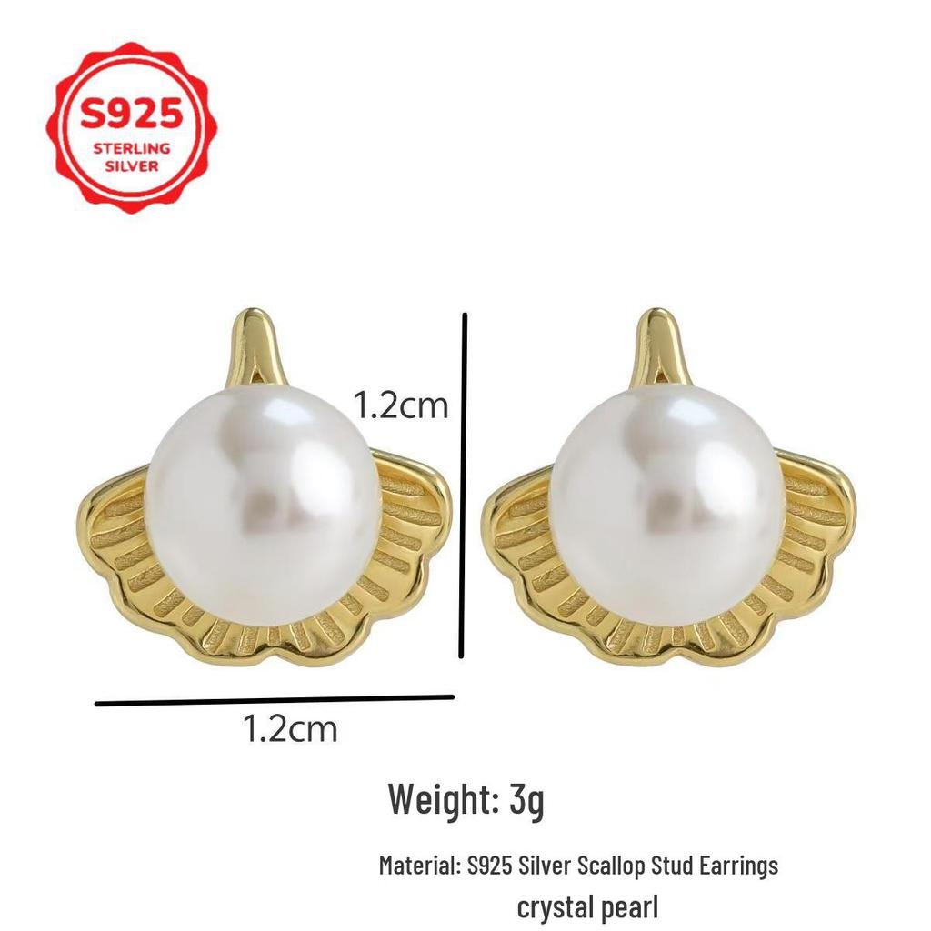Korean Style S925 Sterling Silver Ginkgo Leaf Crystal Pearl Stud Earrings