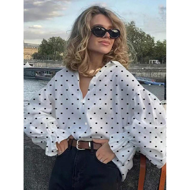 

New Retro Black Polka Dot Flounce Cuff Oversized Women Shirts Elegant Blouse Spring Autumn Popular Top Female Clothing L білий