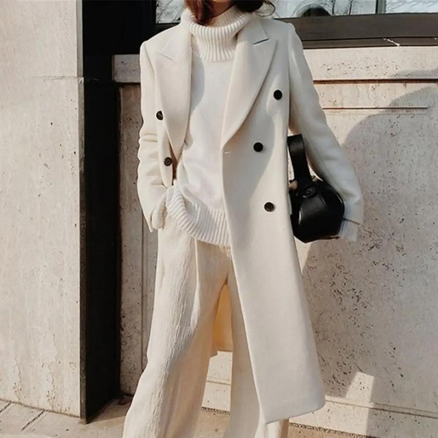 New Autumn Winter Imported Women's Long Sleeve Stand Collar Solid Color Double Button Fitted Coat