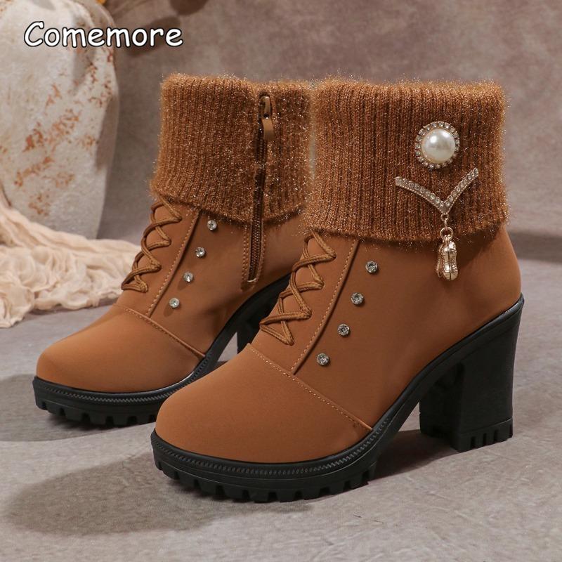 Autumn Winter Women's Brown Snow Boots Chunky High Heeled Black Botas Women Side Zipper Rhinestone Decors Botas Mujer Size35-41