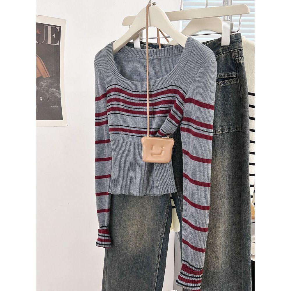 

Women s Autumn/Winter Striped Color Block Square Neck Knitwear Top One Size абрикосовий